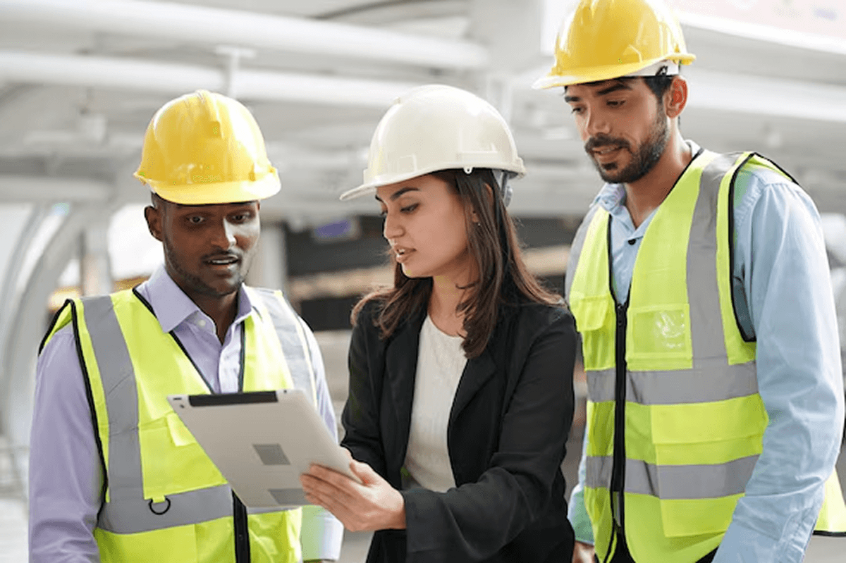 Warehouse team discussing logistics and operations